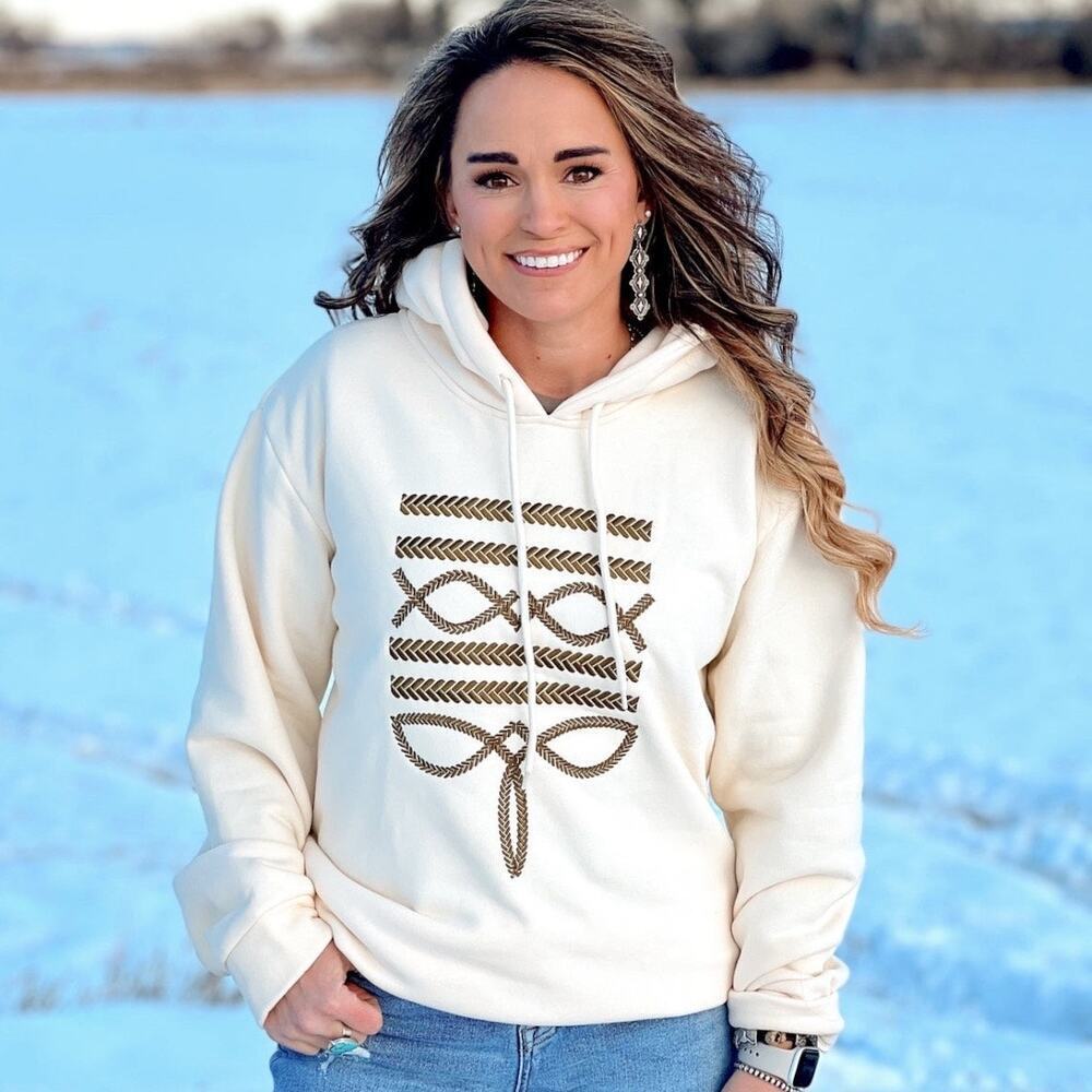 LXM Cream Western Rope Boot Stitch Hoodie Embroidered Graphic Cozy Cotton‎ Blend